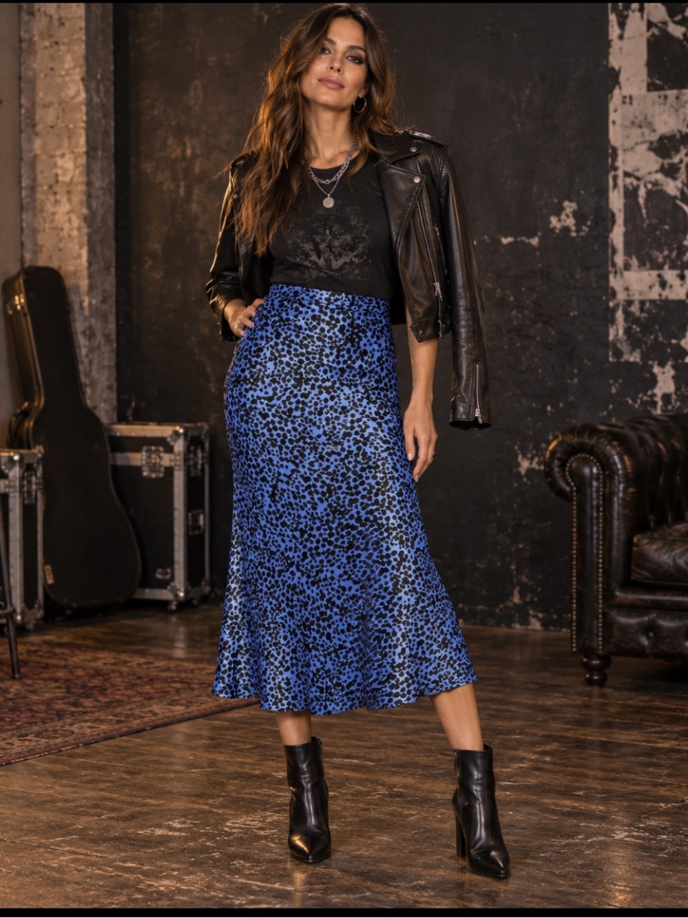 Flynn Skye Alice Skirt Blue Crush Leopard Satin Midi XS